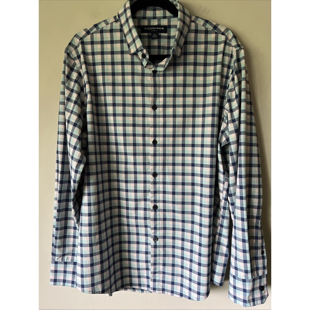 Mizzen+Main Leeward Performance Stretch Dress ShirtSize Large Blue Aqua Check